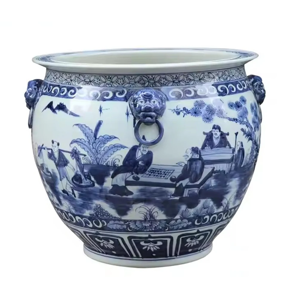 Antique Chinese Large Ceramic Planter Pot Hand Painted Blue and White Fish  Pattern Indoor & Outdoor Flower Pots & Planters