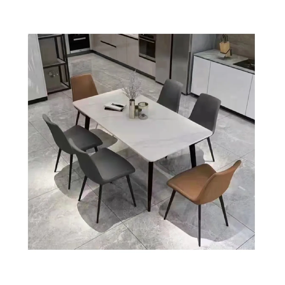 Простой квадратный обеденный стол из черного металлокерамического камня и мрамора для ресторана набор 6
