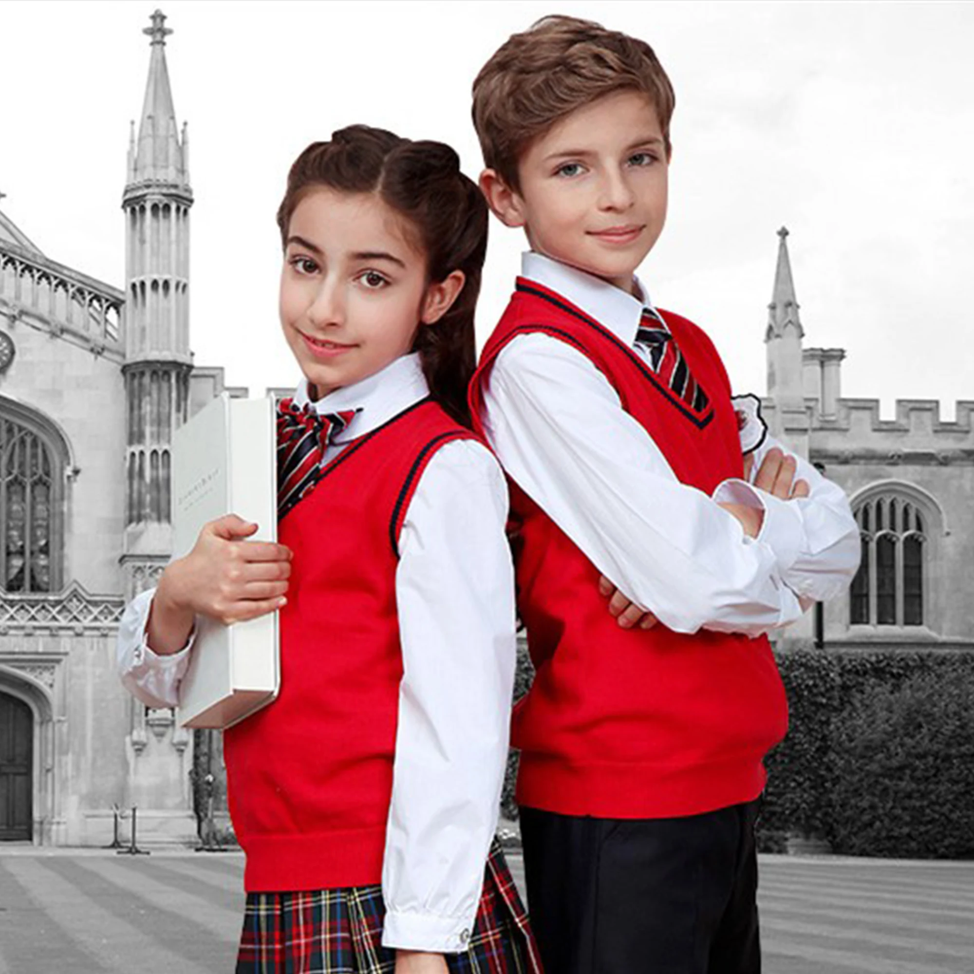 Cheap Price School Use Sweater Red Sleeveless Unisex Vest