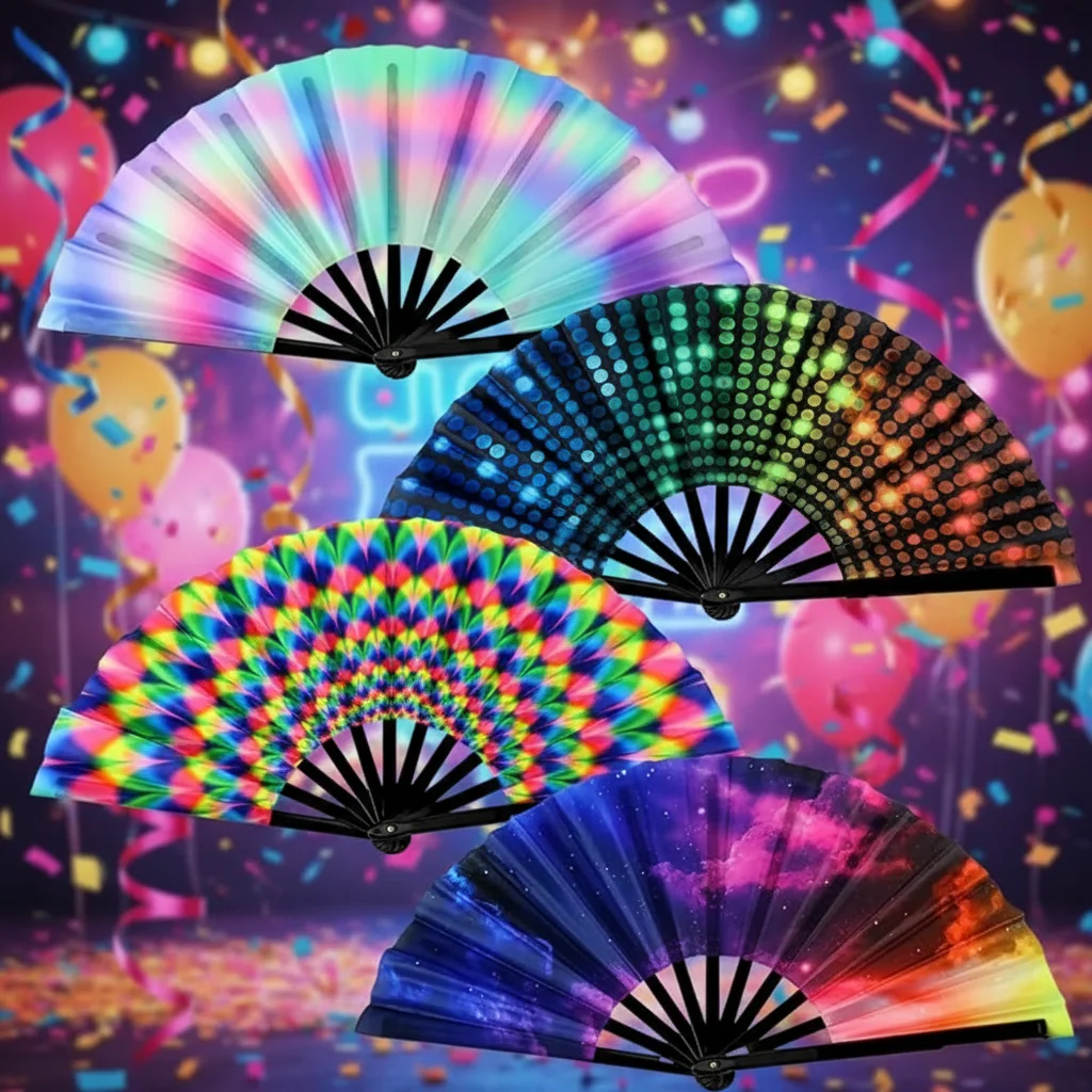 FAREA Custom Large 13inch UV Glow Chinese Bamboo Folding Hand Rave Fan  Music Festivals Club Parties Dance Performances Souvenir