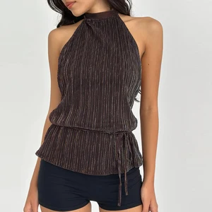 Wisrise Fashion Wholesale Customize Women's Brown Tie Waist Sleeveless Metallic Texture Pleated Halter Top