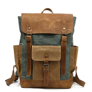 Premium Men's Vintage Waxed Canvas Leather Travel Backpack with 15.6 Inch Laptop Sleeve Hiking Daypack Waterproof