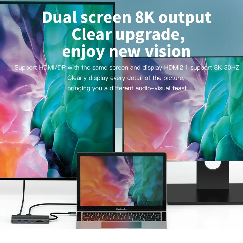 10 In 1 Multi-Port Type C Hub 10 Port USB C USB-C to 8K HDTV Displayport USB-A 3.0 PD100W 1000Mbps Ethernet Audio Hub 10-In-1