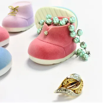 Fabric Mint Green Small Travel Decorative Unique Baby Shoes Shape Logo Jewelry Box for Ring
