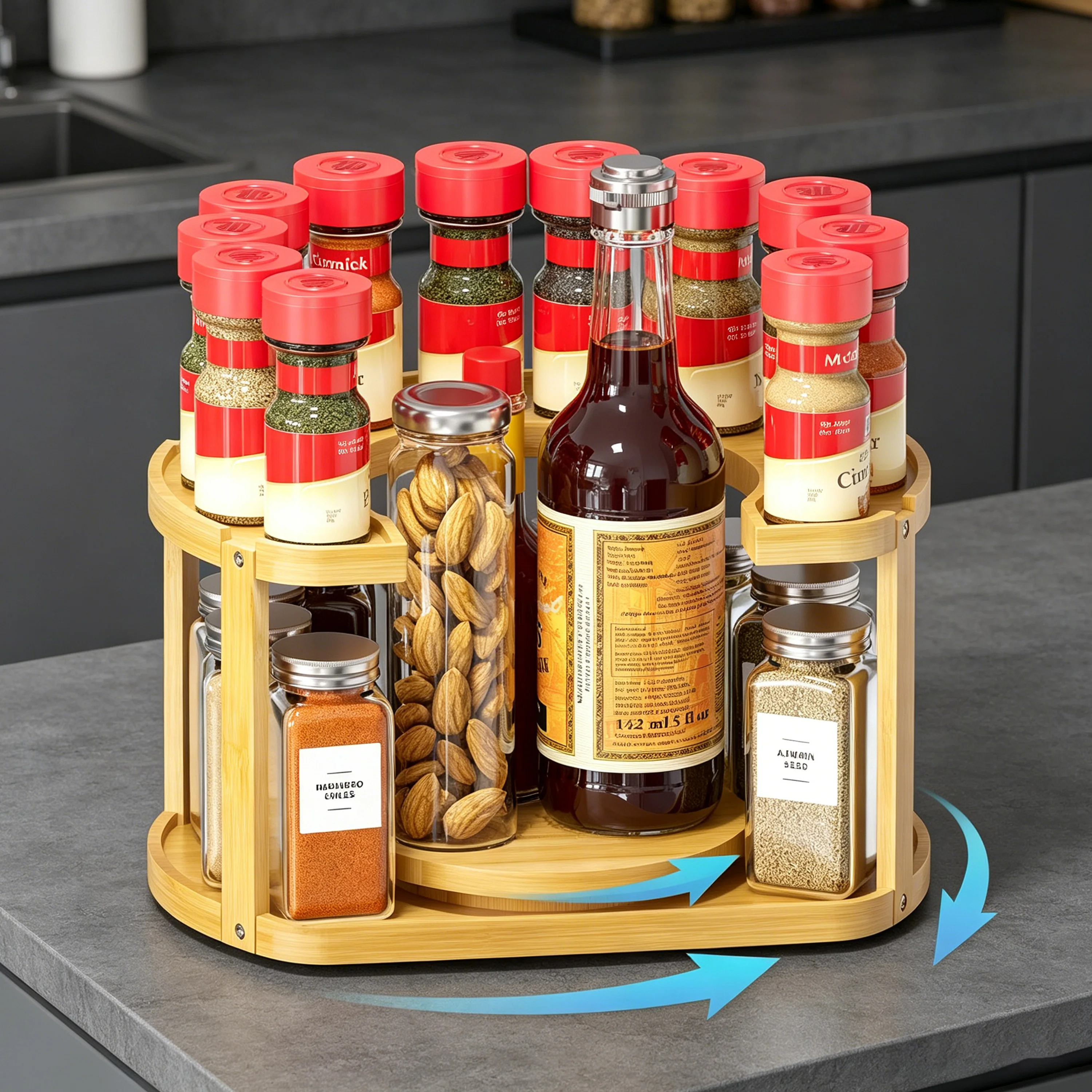 2-Tier Bamboo Lazy Susan Turntable 360° Rotating Spice Rack & Makeup Organizer Storage Organizer Shelf for Kitchen Cabinet