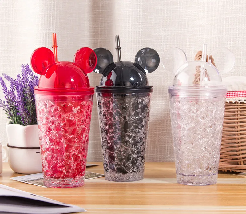 Wholesale 2022 Cute cartoon 3D Mouse Ear Colorful water cups Acrylic Mickey  Tumbl plastic cups with straw for kids From m.