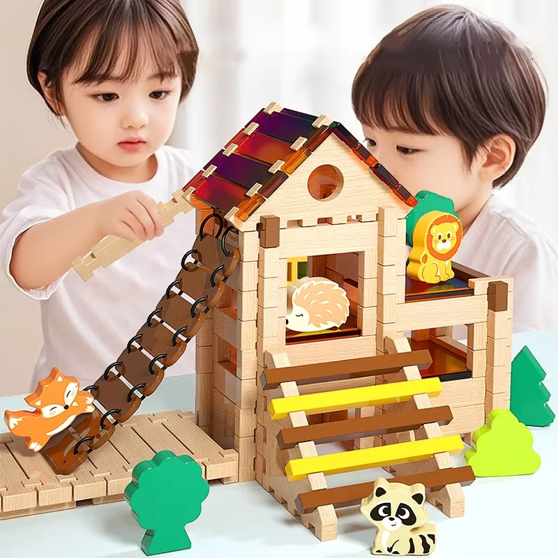 Kinder-Schloss-Stoßzahnbauklötze Kreative Puzzle Architekturbausteine Haus-Bau-Spiel Holzspielzeug für Kinder