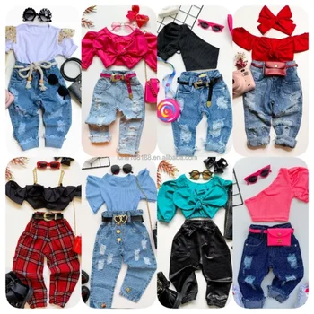 2024 Summer Clothes Set Baby Girls Halter t Shirt Denim Pants 2pcs Outfit Fashion Girls Hot Sell Clothes