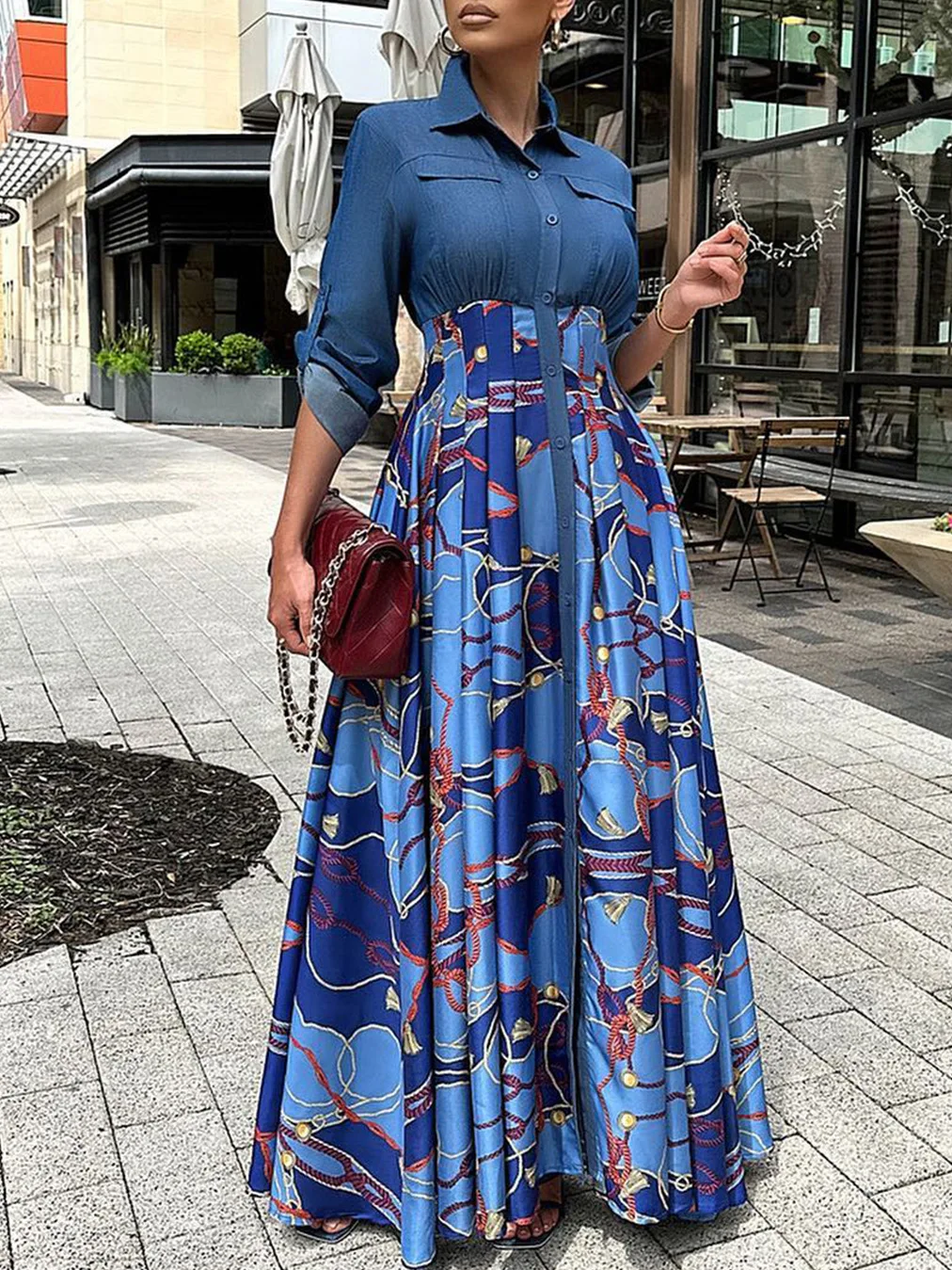 knee length dresses for ladies Blue Long Sleeve Swing Dress M main image 0
