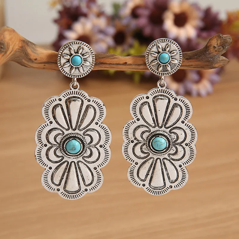 New Popular Latest Retro Creative Unique Cute Alloy Geometric Turquoise Earrings