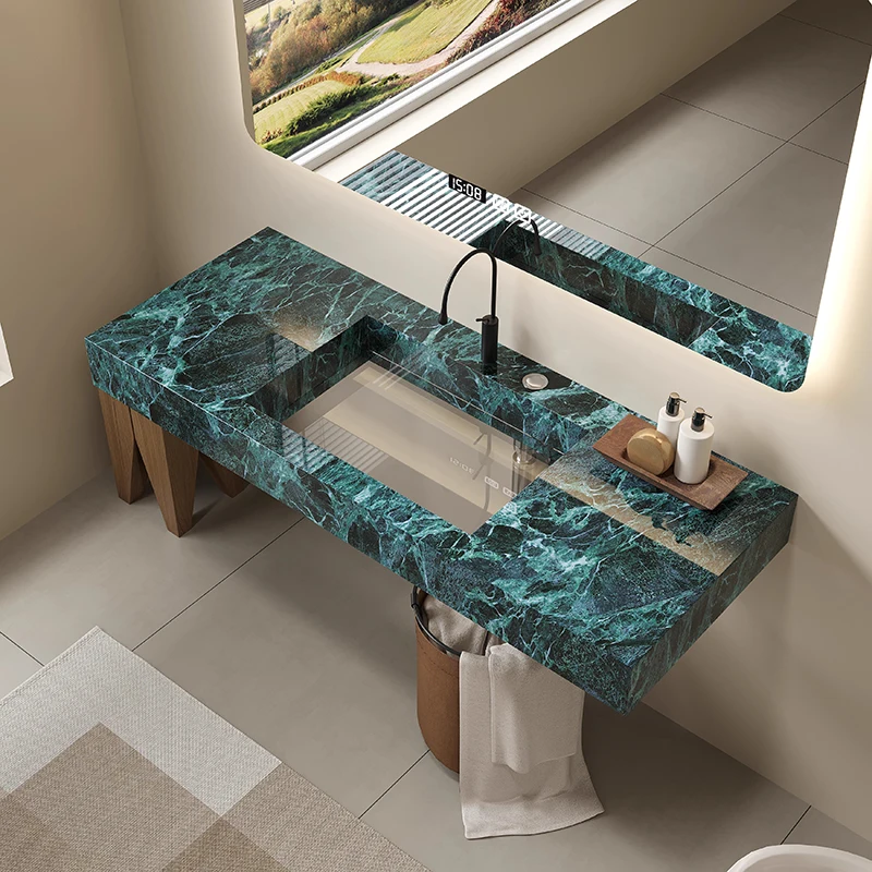 product waterproof bathroom cabinet transparent glass bottom suspended rock board bathroom fluted cabinet washbasin combination-8