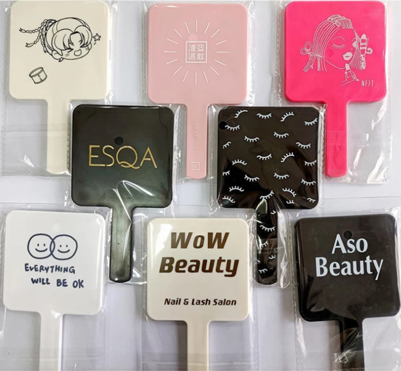 Hand Mirror Logo Custom Square Shapes Cosmetic Pink Handheld Mirrors