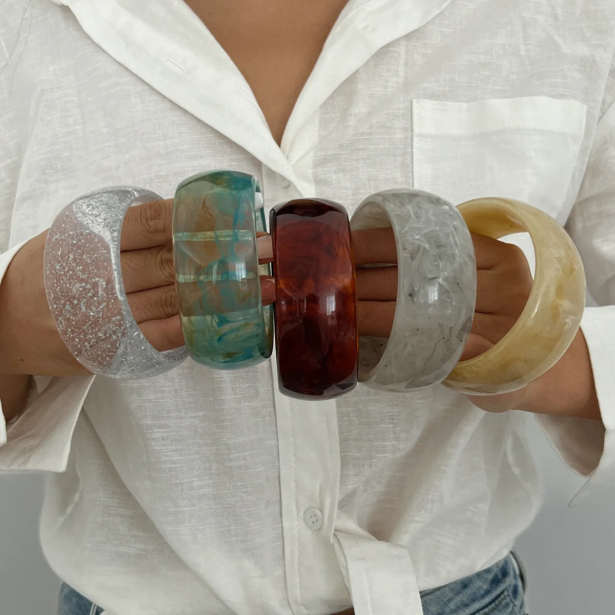 Chunky Colorful Clear Wide Big Resin Bangle Bracelet Bohemian Style Green Blue Acrylic Women Bracelet