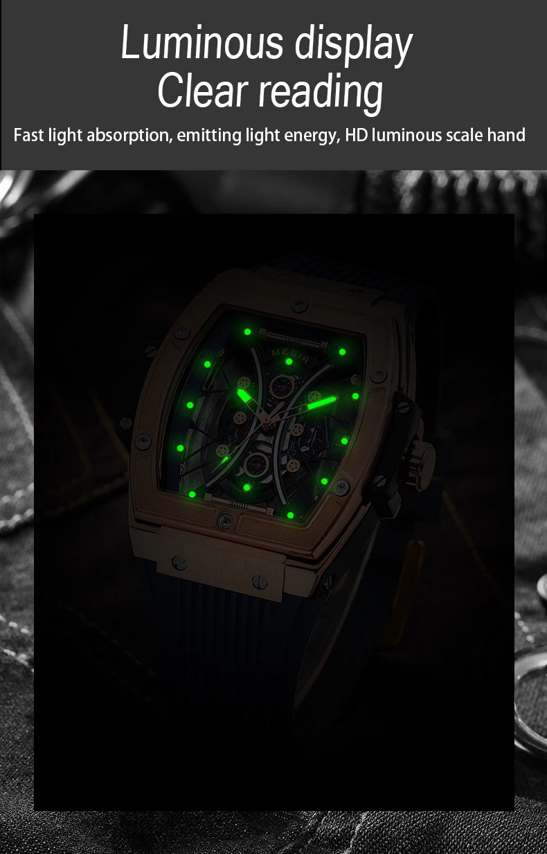 Megir 8109G 8109 Silicone Band Watch for Men Fashion Tonneau Clock Unique Dial Quartz Waterproof Luminous Chronograph Wristwatch