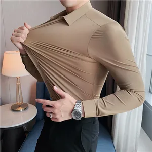 High Elasticity Seamless Men's Shirt Long Sleeve Slim Casual Shirt Solid Color Business Formal Dress Party Shirts