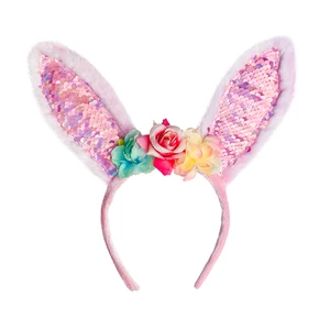 Girls Sparkly Bunny Ear Hair Hoop Colorful Flowers Sequin Detail Medieval Style Polyester Children Hair Accessory Halloween