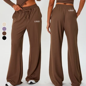Custom Logo Women's Wide Leg Yoga Pants Adjustable Drawstring Side Pockets Casual Breathable Loose Straight Fitness Pants