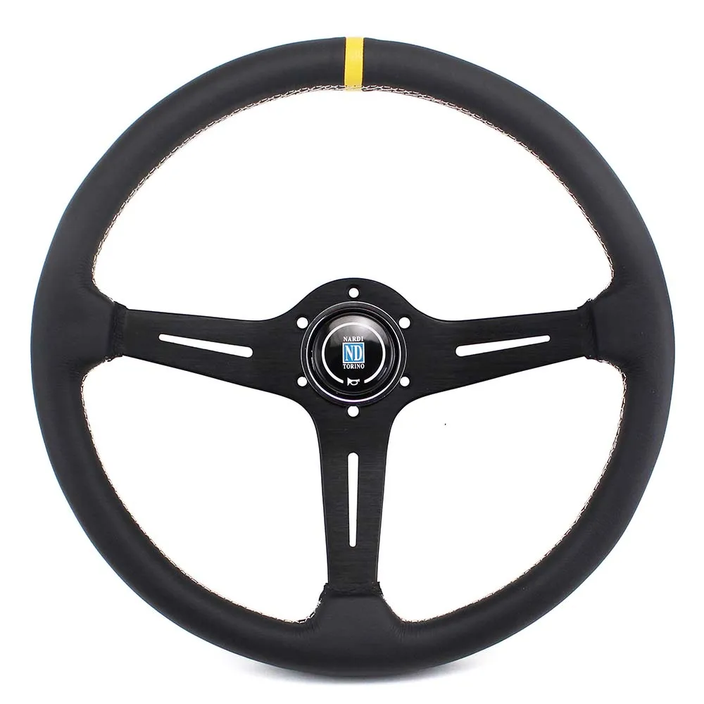 Universal 15 Inch 380mm Classic Leather Black Spoke Steering Wheel Flat ...