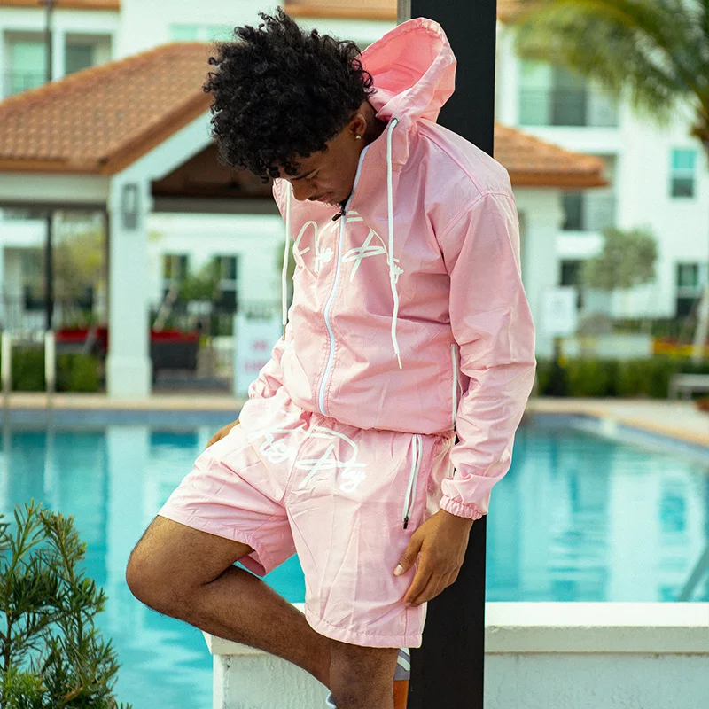 OEM Custom Reflective Track Suit Two Piece Short Sweatsuit Nylon Zipper Windbreaker Jacket Short Set Tracksuit for Men gallery 3