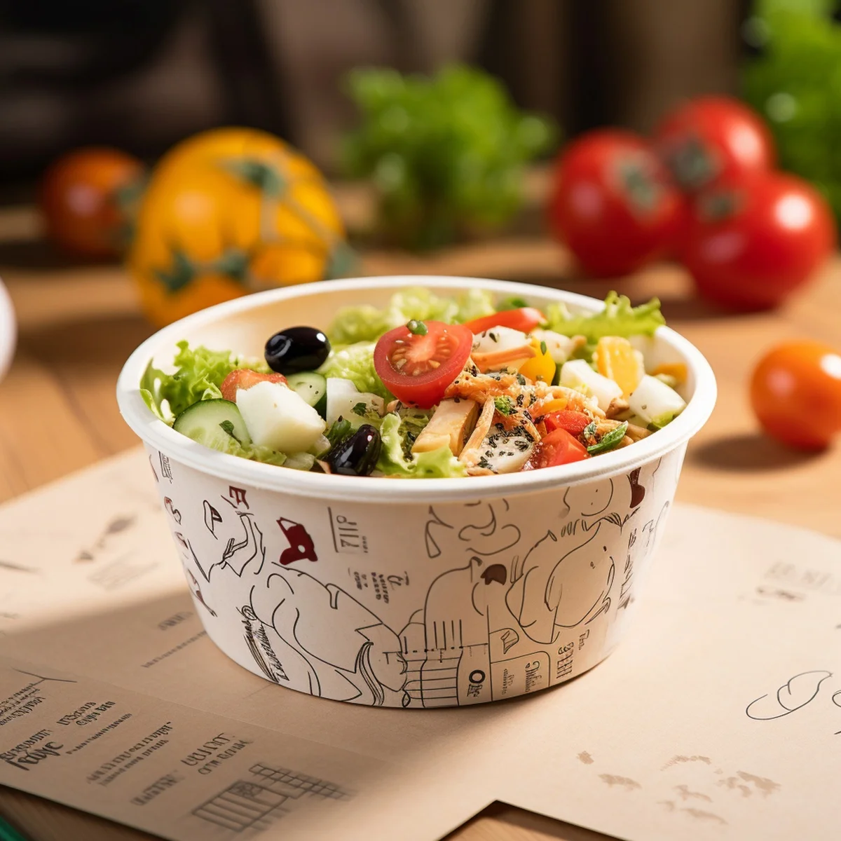 Professional Portable Soup & Salad Food Takeaway Bowl Custom Printed Logo Disposable Paper Bowl with Lid Food Grade Snacks Pizza