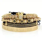 Men's Luxury 4Pcs/Set 18k Gold Crown Bangle Set Copper Numbers Engraved CZ Crown Braided Macrame Bracelet