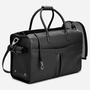 Custom Logo Black Vegan Pebble Leather Luxury Travel Pet Dog Cat Carrier Duffle Weekender Bag