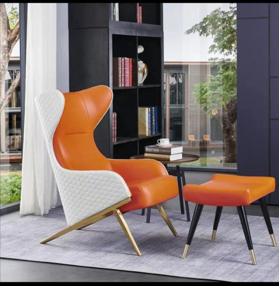 Modern High Back Wing Chair with Armrest Metal Steel Legs Leather Living Room Leisure Lounge Chair Hotel Accent Chair