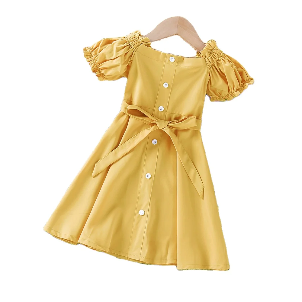 2023 Summer Girls Dress Thin One-Shoulder Pleated Puff Sleeve