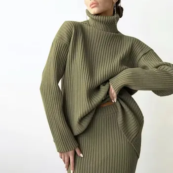 Customized 100% cotton Fashion Custom Women's Warm Turtleneck Pullover Knitted Midi Skirt 2 Piece Suit Women's Skirt Sweater