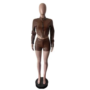 Dropshipping 2026 New Design Wholesale Autumn Fall Winter Pu Leather 2 Piece Shorts Set Women