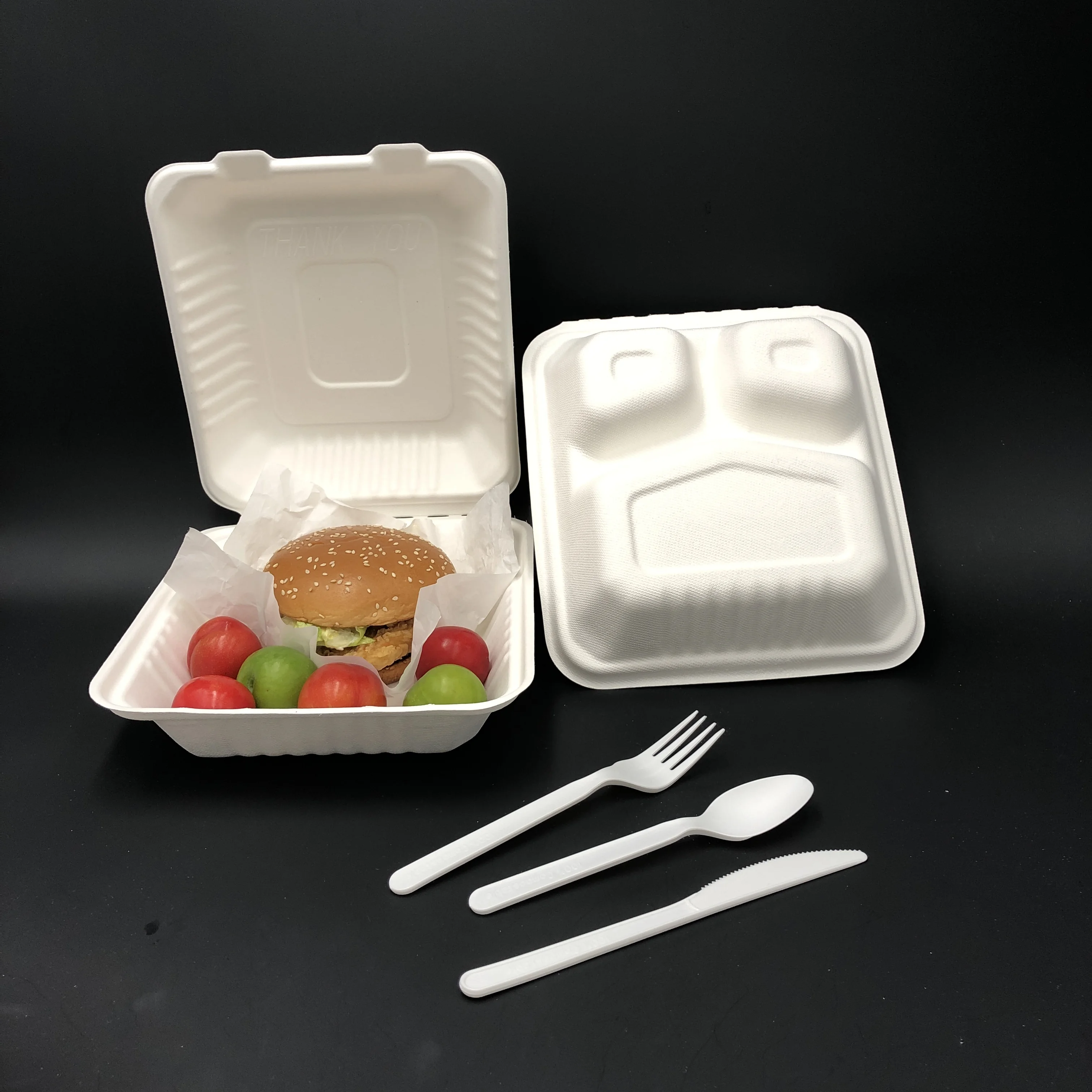 Биоразлагаемая упаковка посуда 3 отделения раскладные контейнеры для еды сахарный тростник багасса бумажная целлюлоза коробка на