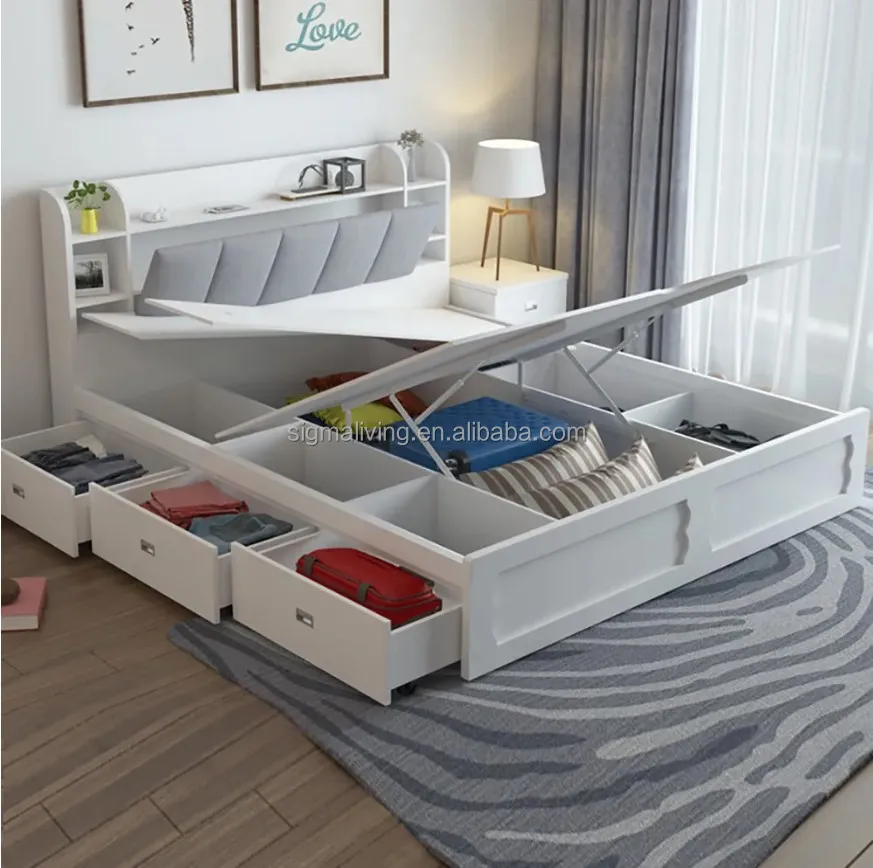 Modern 3 drawers white storage bed low profile queen bed
