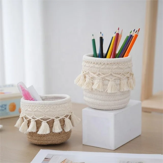 Nordic Simple Retro Tassel Style Storage Basket Creative Indoor Cotton Rope Small Pen Storage Household Fabric Bins Baskets