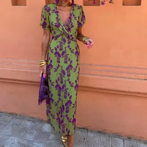 2026 Spring Vintage Women's Fashion Elegant Loose V-Neck Short Sleeve Halter Lace Empire Waist Pencil Silhouette Dress Contrast