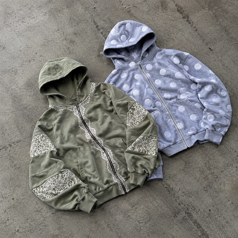 Manufacturers Clothing Custom Cotton Lace Patchwork Polka Dot Print Heavyweight Zip up Boxy Cropped Hoodie Men Unisex