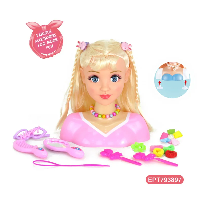 EPT Plastic Dressing Pretend Play Hairdressing Accessories Girls Toy Doll Head Set With Hair