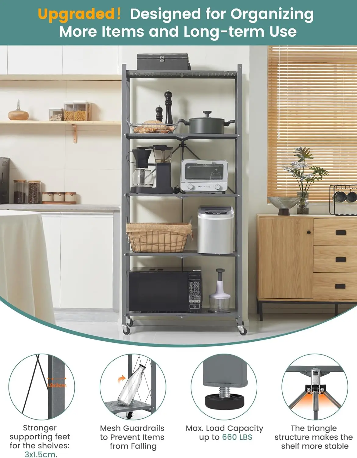 Foldable Storage Racks Folding Kitchen Organizer Shelf Standing Multi ...