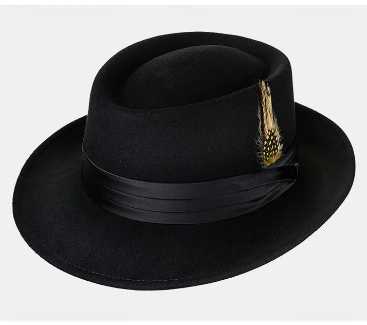 Stiff Ribbon Hat 100% Wool Felt Black Porkpie Hat Mens Blocked Hat Fedora with Satin ...