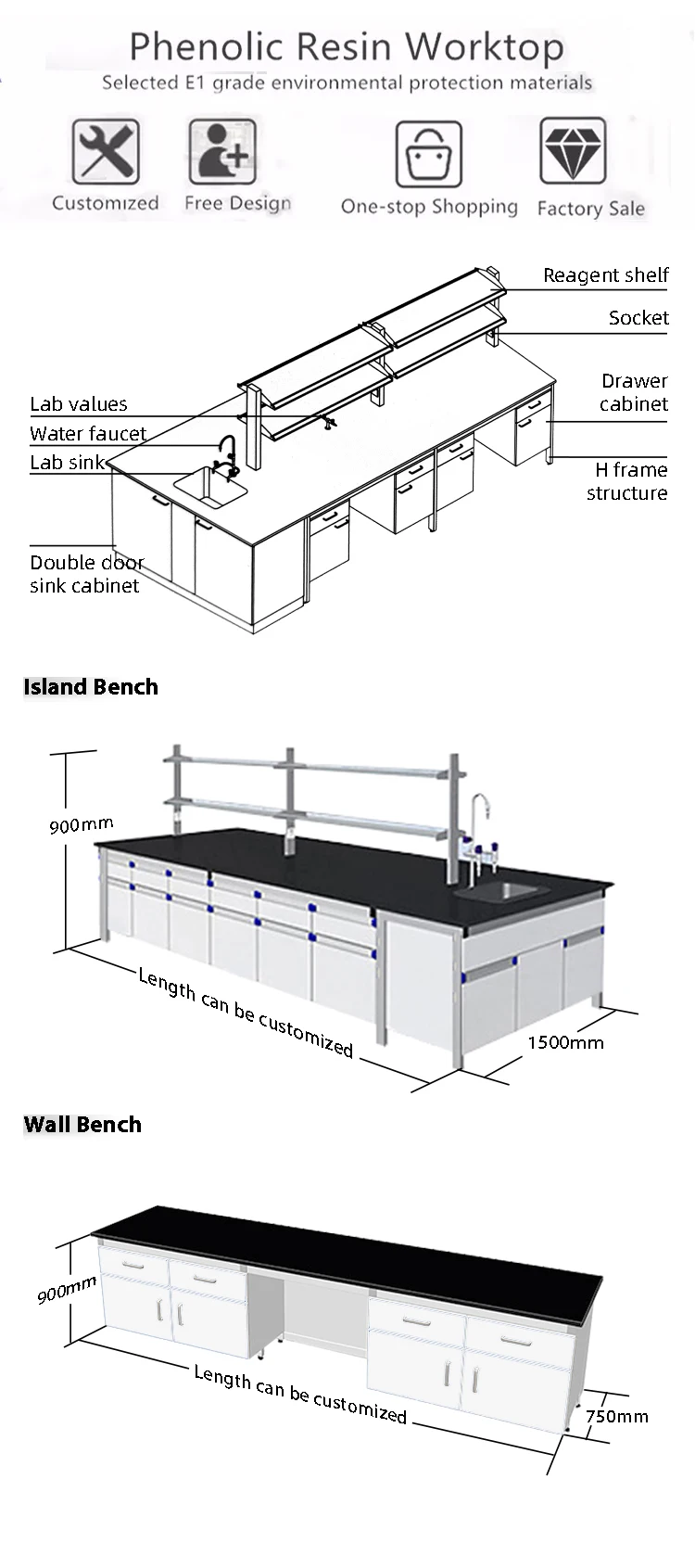 Factory Classroom Laboratory Furniture Bench Tops Lab Table Stainless