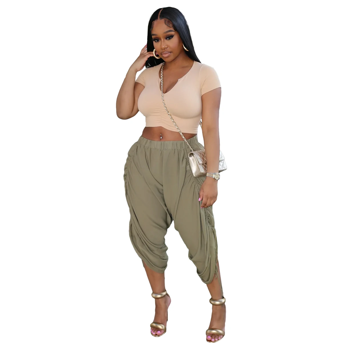 2022 Fall Solid Color Casual Loose Drawstring Capri Pants Cropped Pants Women