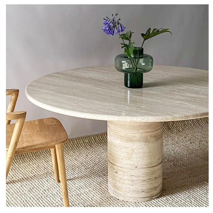 【直接取引限定】トラバーチン　天板　テーブルトップ　大理石　ベージュ 研ぎ澄まされたベージュトラバーチン台座ベースダイニング