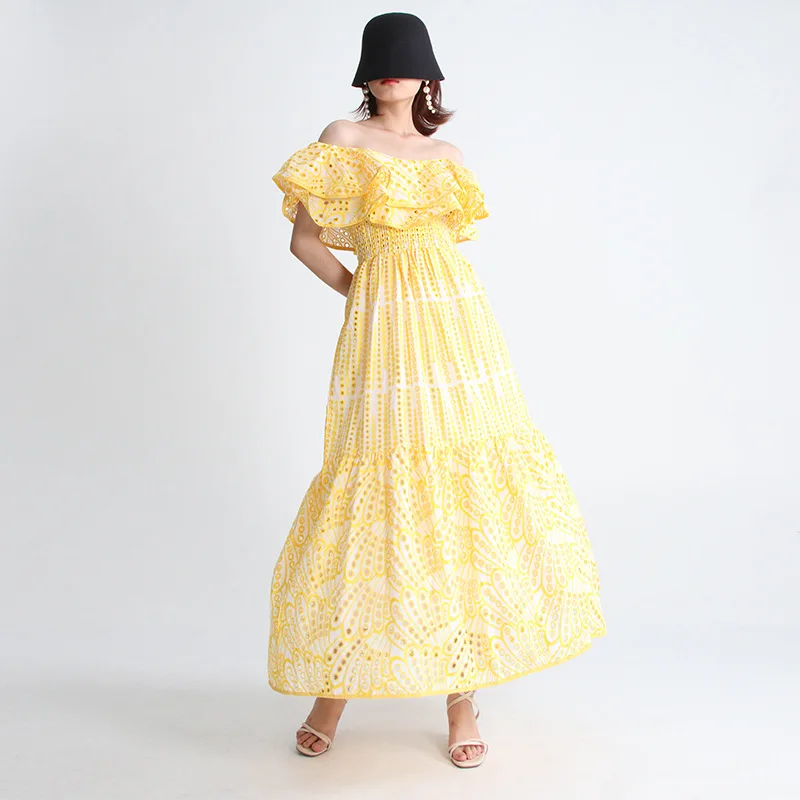 Summer Women Elegant Mexican Wholesale Ruffled Eyelet Embroidered White  Clothing Midi Dress
