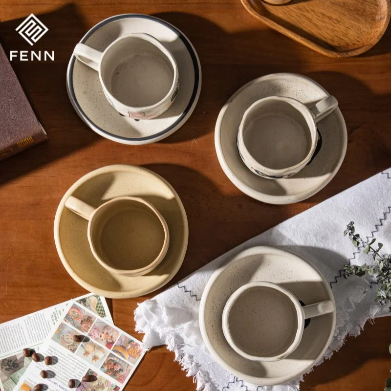 product fenn wholesale vintage speckled seasome custom cup saucer pottery cup plate set clay cup ceramic coffee mug with saucer for gift-61