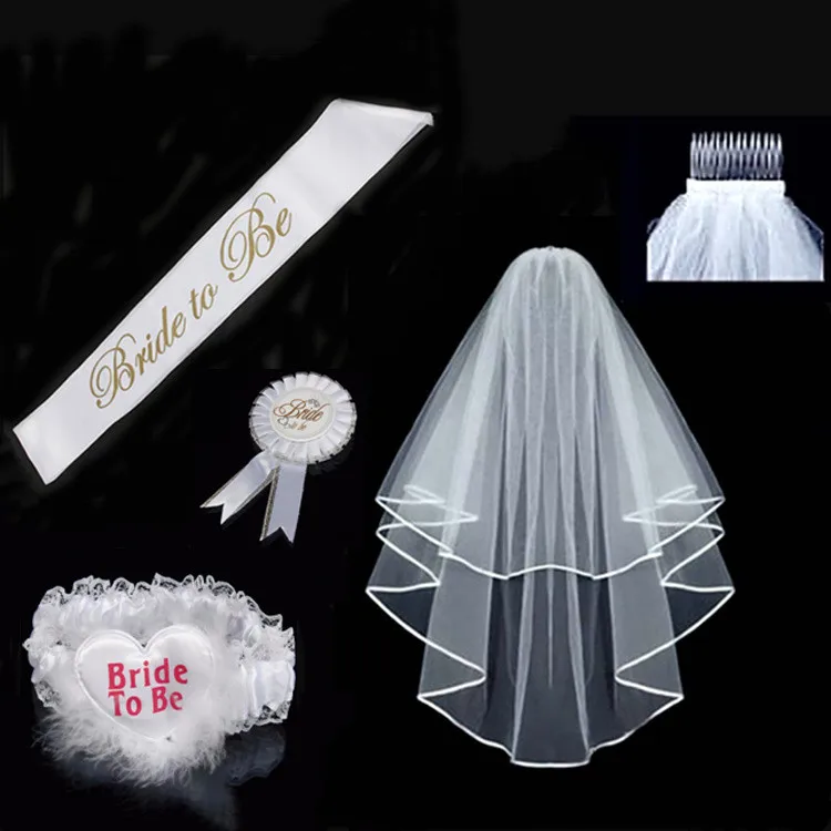 New Bride to Be White Garter Sash Veil Badge Rosette Bachelorette Party Set 4Pcs 