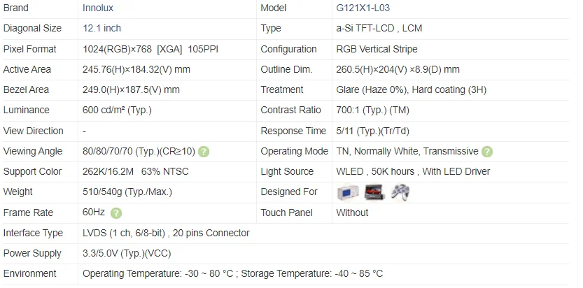 high brightness display Innolux 12.1 inch lcd panel Backlight 600nits digital signage and display Resolution 1024x768 G121X1-L03 factory