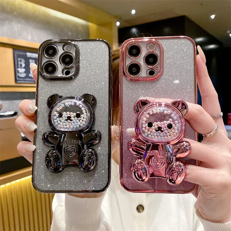 Sparkling Case Cover for iPhone 15 14 Plus 12 13 11 Pro Max Electroplated  Glitter Cute Iittle Bear Stand Shockproof Back Cover