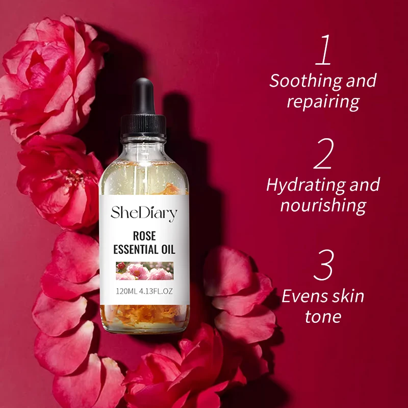 Wholesale 120ml Rose Oil Serum 100% Pure Vegan Organic Face Essential Oil Skin Care Body Massage Whitening Feature Azelaic Acid