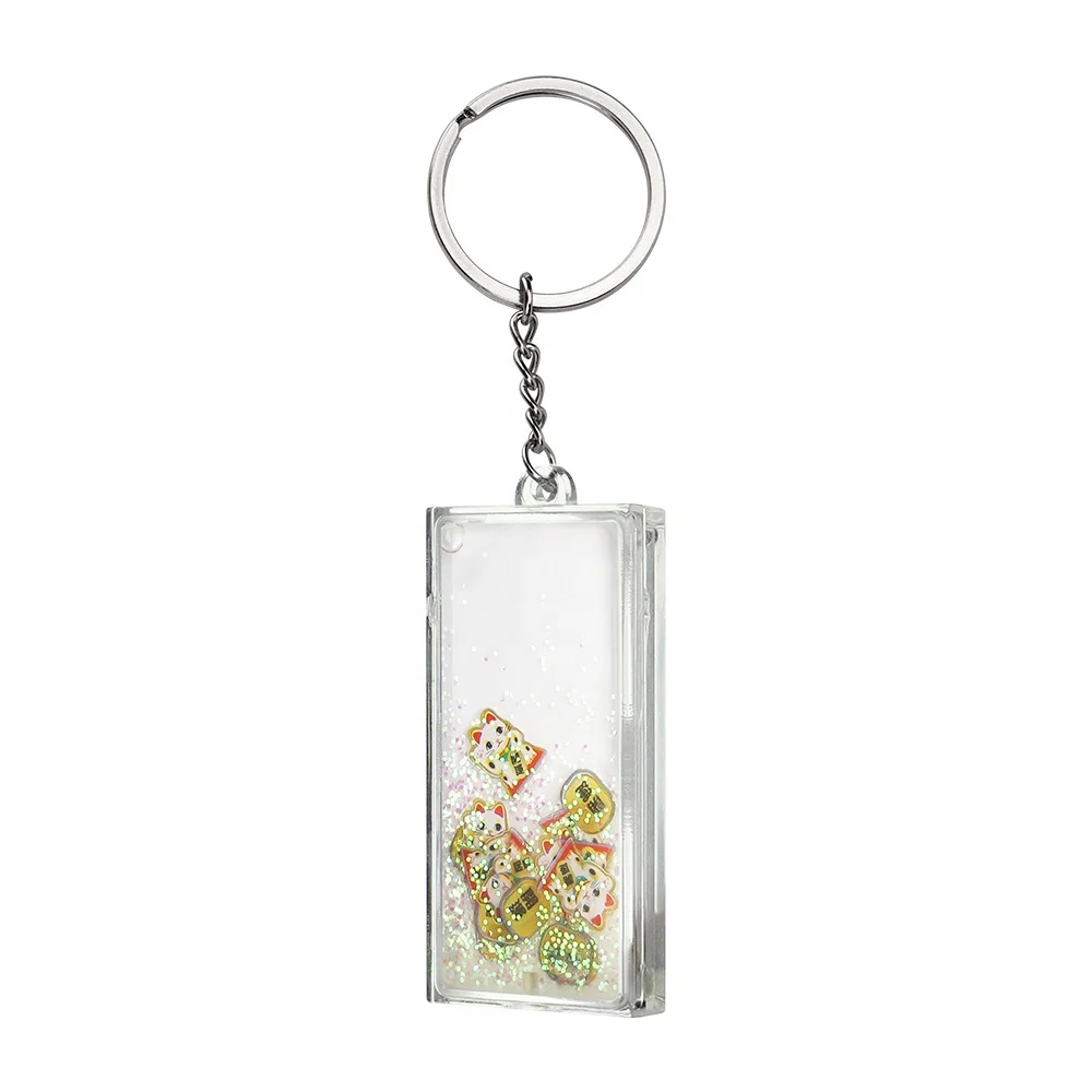Custom Rectangle Empty DIY Acrylic Quicksand Floating Liquid Filled Oil Flower Water Sea Sand Glitter Snow Powder Name Keychain