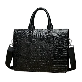 Wholesale Retro Luxury Business Briefcase Men's Genuine Black Leather Messenger Bag with Waterproof Nylon Shoulder Strap