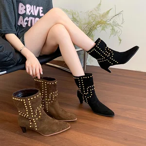 QuiteS 2026 Winter New Rivet Pointed Toe Large Size Mid-Heel Boots High Top Suede Slip-On Mid-Calf Fashion Shoes for Women